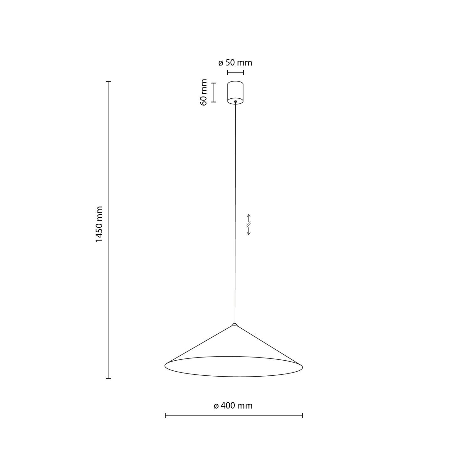 Schemat lampy wiszącej z wymiarami: wysokość całkowita 1450 mm, średnica klosza 400 mm, średnica mocowania 50 mm, wysokość mocowania 60 mm. Lampa ma regulowaną wysokość.