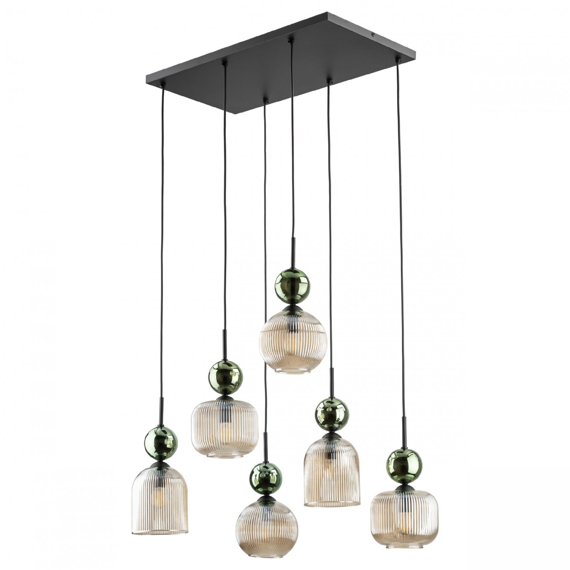 Lampa wisząca z sześcioma żarówkami, każda osłonięta szklanym kloszem o żebrowanej fakturze. Klosze są w kolorze czarno-zielonym, zawieszone na czarnych przewodach przymocowanych do prostokątnej podstawy.
