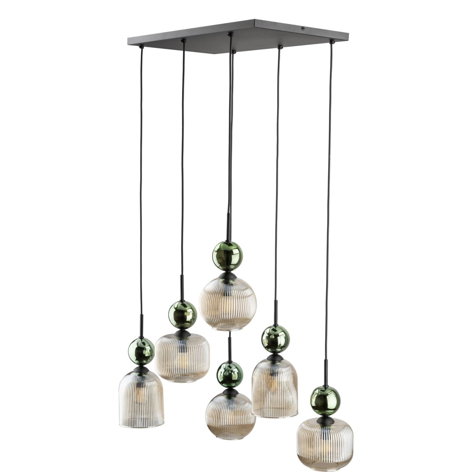 Lampa wisząca z sześcioma żarówkami w szklanych kloszach o żebrowanej fakturze, zawieszona na czarnych przewodach. Klosze mają zielone elementy dekoracyjne i są przymocowane do prostokątnej, czarnej podstawy sufitowej.