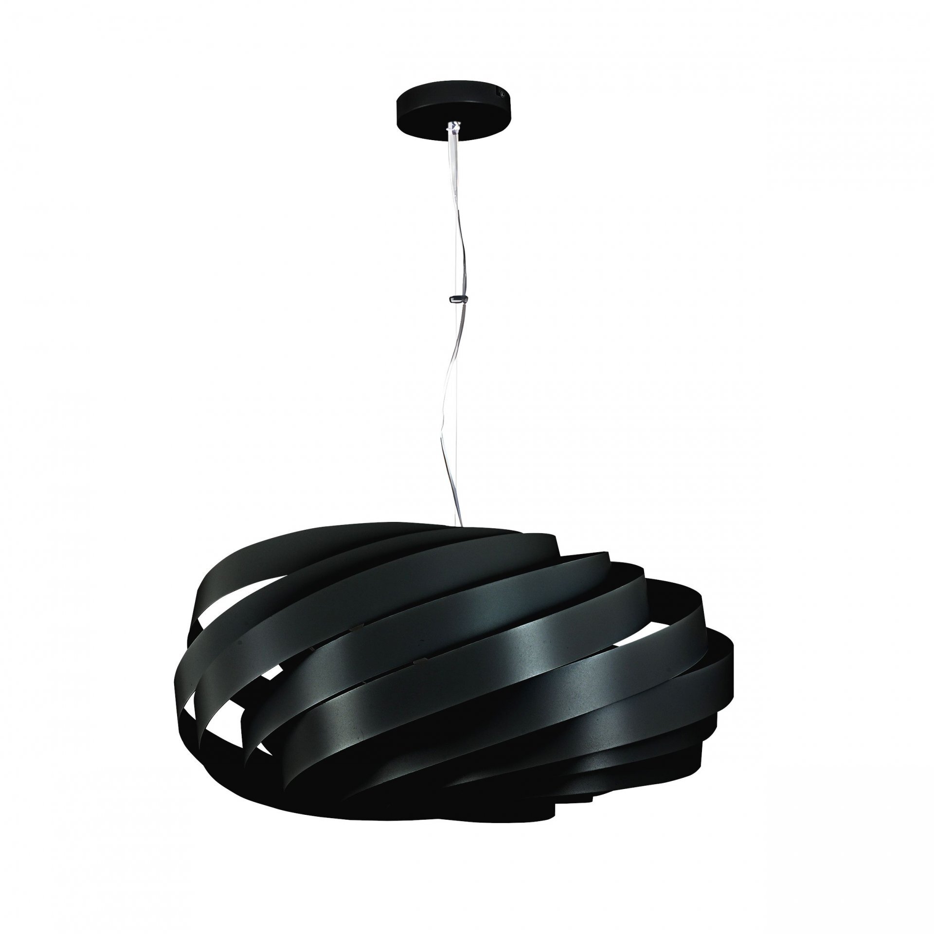 Czarna, nowoczesna lampa wisząca z metalowymi, spiralnymi elementami. Lampa jest zawieszona na regulowanym przewodzie z okrągłą podsufitką.