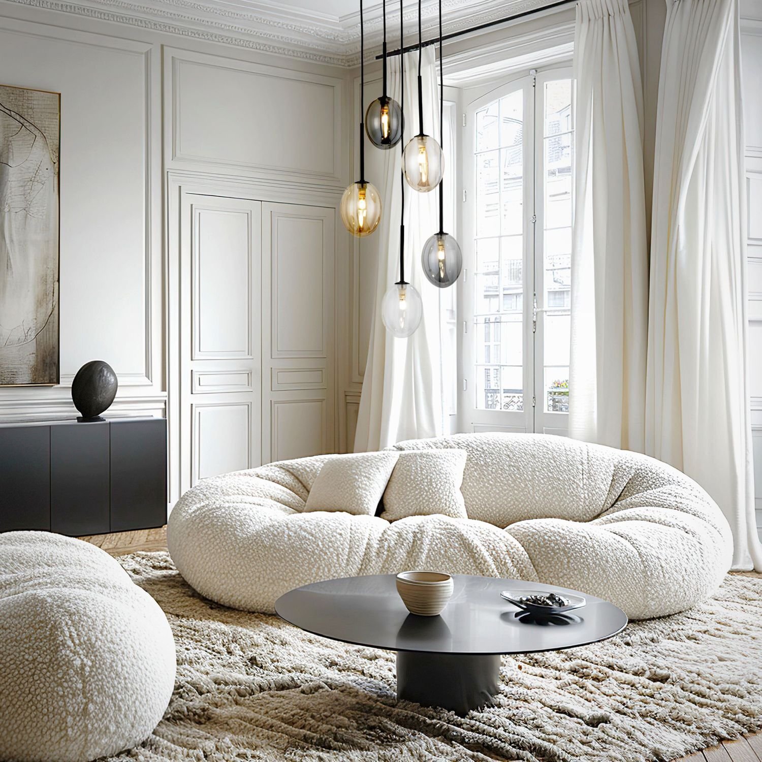 W eleganckim salonie znajduje się duża, biała sofa i okrągły stolik na puszystym dywanie. Z sufitu zwisa lampa z pięcioma kolorowymi kloszami w różnych odcieniach.