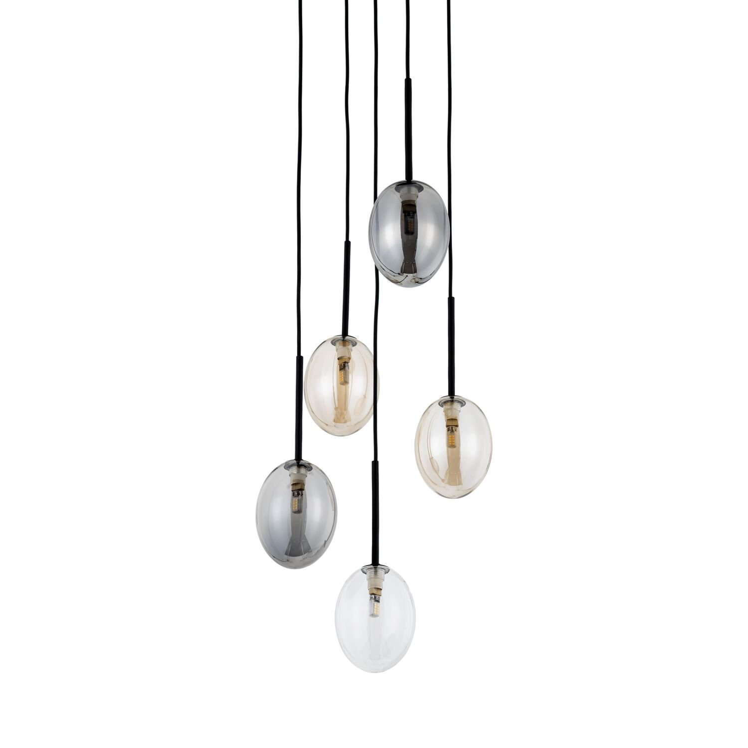 Lampa wisząca z pięcioma szklanymi kloszami w różnych kolorach, zawieszona na czarnych przewodach. Klosze mają kształt owalny i są przezroczyste, ukazując żarówki wewnątrz.
