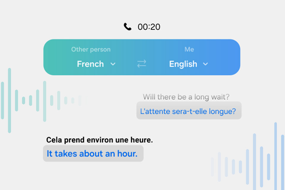 Interfejs aplikacji do tłumaczenia rozmowy telefonicznej, pokazujący czas trwania 00:20. Tekst w języku francuskim: \'Cela prend environ une heure.\' i jego tłumaczenie na angielski: \'It takes about an hour.\'