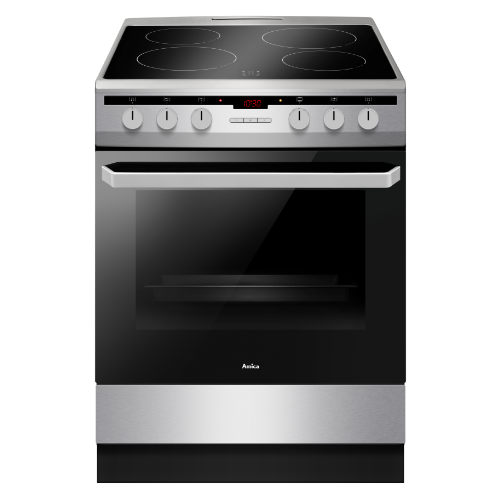 Na obrazie widoczna jest kuchnia wolnostojąca z płytą ceramiczną i piekarnikiem. Na panelu sterowania znajdują się pokrętła oraz wyświetlacz z czerwonymi cyframi \'12:30\'.