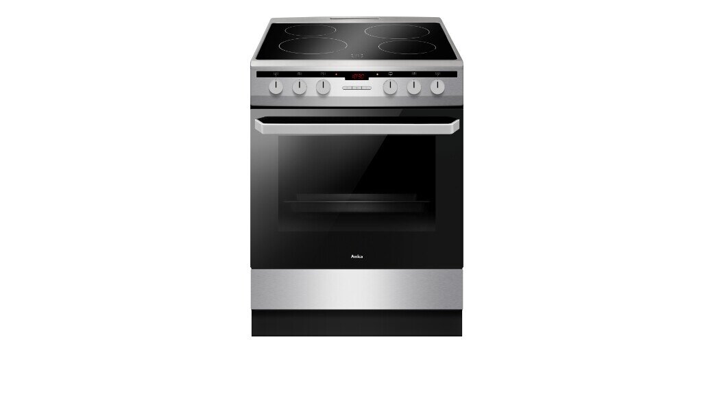 Na obrazie widoczna jest kuchnia wolnostojąca z płytą ceramiczną i piekarnikiem. Na froncie piekarnika znajduje się logo \'Amica\'.