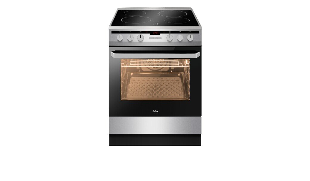 Na obrazie widoczna jest kuchnia elektryczna z płytą ceramiczną i piekarnikiem z podświetlonym wnętrzem. Na froncie piekarnika znajduje się logo \'Amica\'.