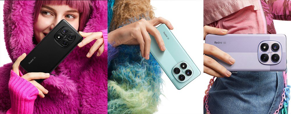 Trzy osoby trzymają różne modele smartfonów, każdy z widocznym logo \'Redmi\'. Telefony mają różne kolory: czarny, miętowy i fioletowy, z dużymi aparatami na tylnej obudowie.