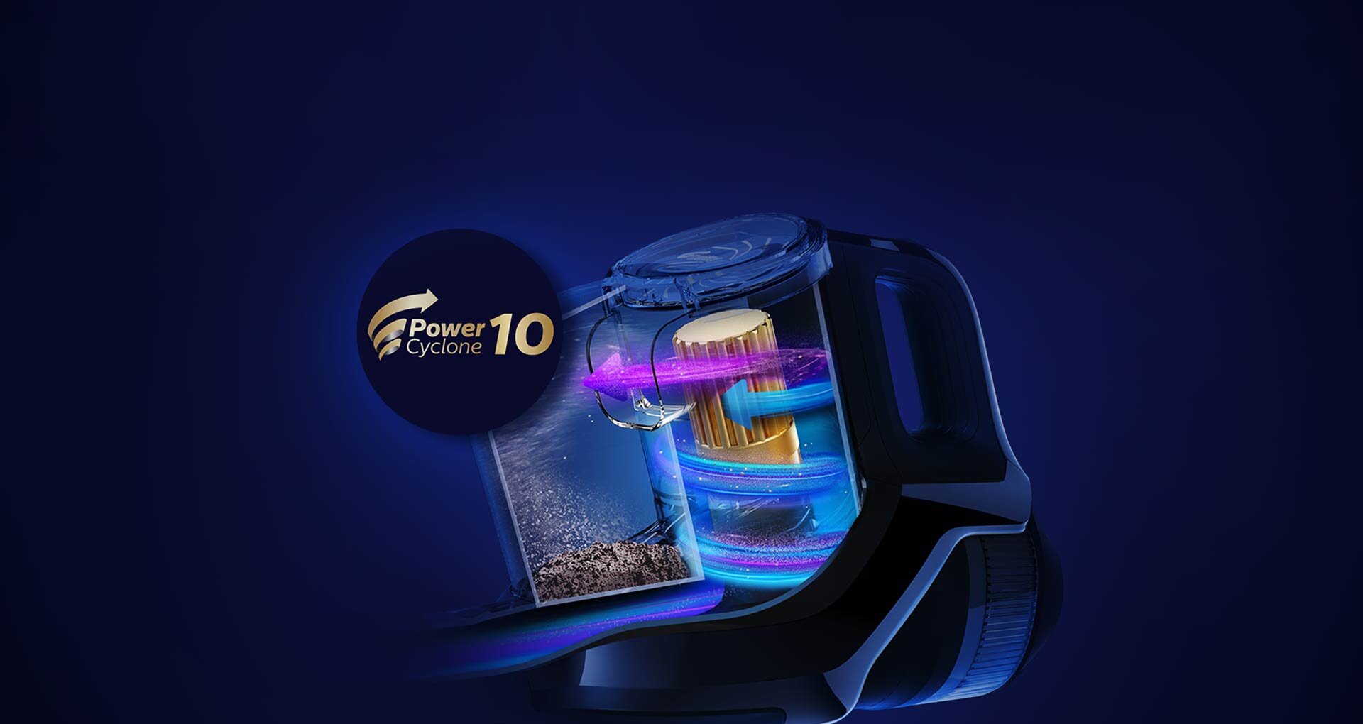 Obraz przedstawia wnętrze odkurzacza z widocznym filtrem i technologią cyklonową. Na grafice znajduje się napis \'Power Cyclone 10\'.