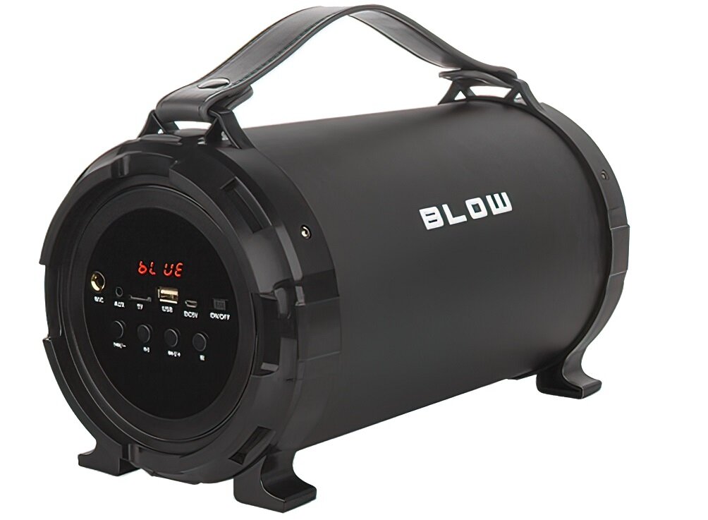 Czarny, cylindryczny głośnik mobilny z uchwytem, z widocznym logo \'BLOW\'. Na panelu przednim znajdują się przyciski, porty USB i wyświetlacz z czerwonymi cyframi \'3UE 19\'.