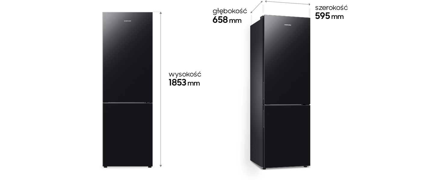 Dwie czarne lodówki z logo Samsung, jedna widoczna z przodu, druga z boku. Obok lodówek podane są wymiary: wysokość 1853 mm, głębokość 658 mm, szerokość 595 mm.