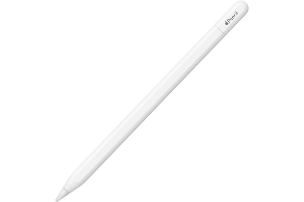 Biały rysik z napisem \'Pencil\' i logo jabłka na końcu. Produkt ma gładką powierzchnię i stożkową końcówkę.