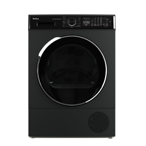 Czarna suszarka bębnowa z widocznym panelem sterowania i okrągłym, przeszklonym drzwiczkami. Na panelu znajduje się logo \'Amica\' oraz wyświetlacz cyfrowy i pokrętło do wyboru programów.