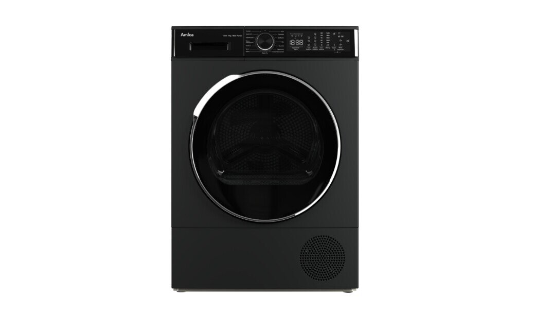 Czarna suszarka bębnowa z widocznym panelem sterowania i okrągłym drzwiczkami. Na panelu znajduje się logo \'Amica\' oraz wyświetlacz z przyciskami i pokrętłem.