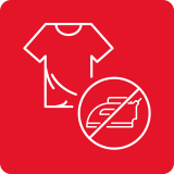 Czerwona ikona przedstawiająca biały zarys koszulki oraz przekreślone żelazko w okręgu.