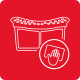 Czerwony kwadrat z białą ikoną filtra i dłonią w okręgu, sugerującą czyszczenie.