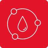 Czerwony kwadratowy symbol z białą ikoną kropli wody otoczoną trzema okręgami połączonymi liniami.