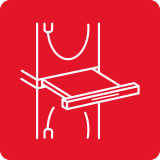 Ikona przedstawia schematyczny rysunek suszarki z otwartymi drzwiczkami na czerwonym tle.