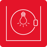 Czerwony kwadrat z białym konturem pralki, wewnątrz której znajduje się ikona żarówki.