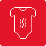 Czerwona ikona przedstawiająca biały kontur dziecięcego body z trzema falistymi liniami w środku, symbolizującymi ciepło.