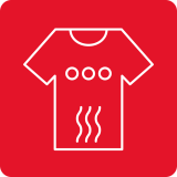 Czerwona ikona przedstawiająca biały kontur koszulki z trzema kropkami i trzema falistymi liniami poniżej, symbolizującymi suszenie.