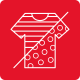 Ikona przedstawia biały kontur koszulki na czerwonym tle, z linią dzielącą ją na część w paski i w kropki.