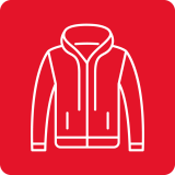 Ikona przedstawia białą kurtkę z kapturem na czerwonym tle.