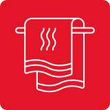 Czerwona ikona przedstawiająca biały ręcznik wiszący na drążku z trzema falistymi liniami symbolizującymi ciepło.