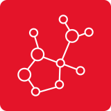 Czerwony kwadrat z białym symbolem przypominającym cząsteczkę chemiczną, składającym się z połączonych okręgów.