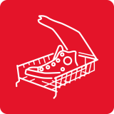 Ikona przedstawia biały kontur buta sportowego w koszyku na czerwonym tle.