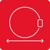 Czerwona ikona z białym konturem okręgu i prostokątem po prawej stronie, z dwoma strzałkami skierowanymi na zewnątrz u dołu.