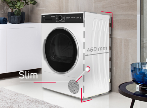 Na obrazie widoczna jest biała suszarka z czarnym panelem sterowania i okrągłymi drzwiami. Obok suszarki znajduje się napis \'Slim\' oraz oznaczenie \'460 mm\'.
