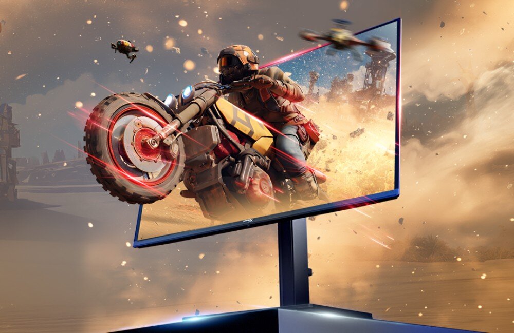 Monitor HYPERX Omen 27q Trójwymiarowy obraz motocyklisty w locie przebijającego się przez ekran monitora