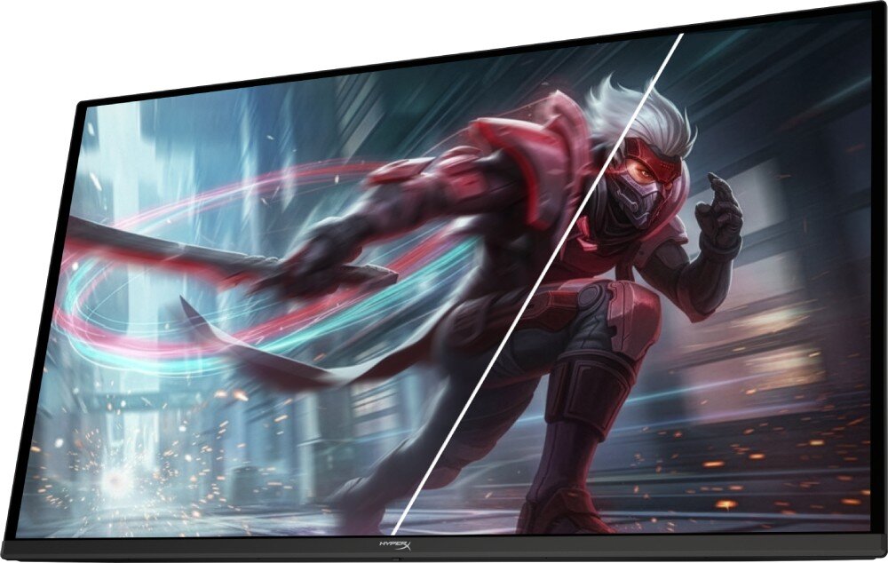 Monitor HYPERX Omen 27q Obraz na monitorze podzielony na pół pionową linią pokazujący postać w zbroi w ruchu