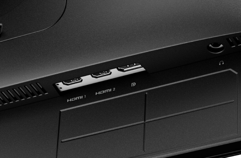 Monitor HYPERX Omen 27q Widok na porty połączeniowe na spodzie monitora: dwa HDMI 1 i 2, jeden DisplayPort oraz gniazdo słuchawkowe