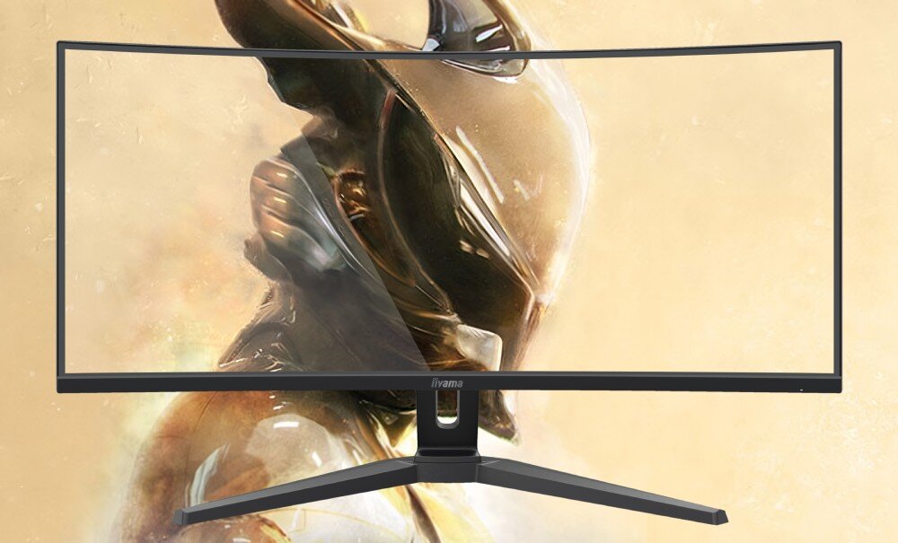 Monitor IIYAMA G-Master GCB3486WQSCP-B1 Monitor o zakrzywionej konstrukcji, na ekranie widoczna złota postać w futurystycznej zbroi na jasnym tle, opis