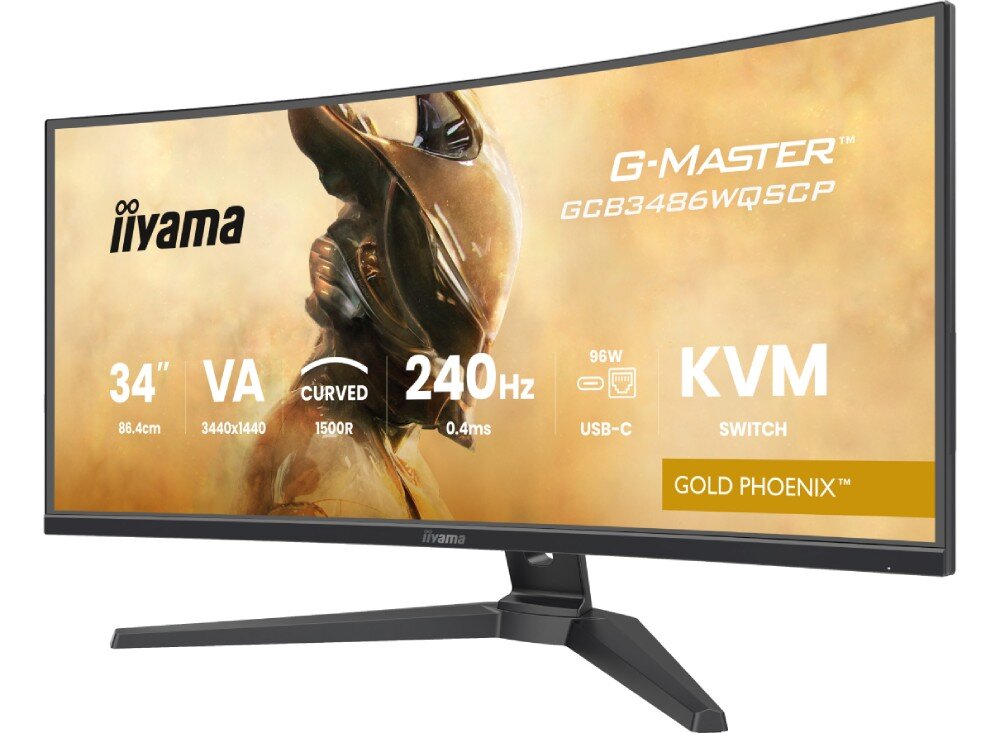 Monitor IIYAMA G-Master GCB3486WQSCP-B1 Monitor zakrzywiony prezentujący specyfikację techniczną na ekranie, z widocznymi ikonami parametrów takich jak 34 cale, VA, 240 Hz, KVM i USB-C, rozdzielczość, matryca, kontrast, HDR