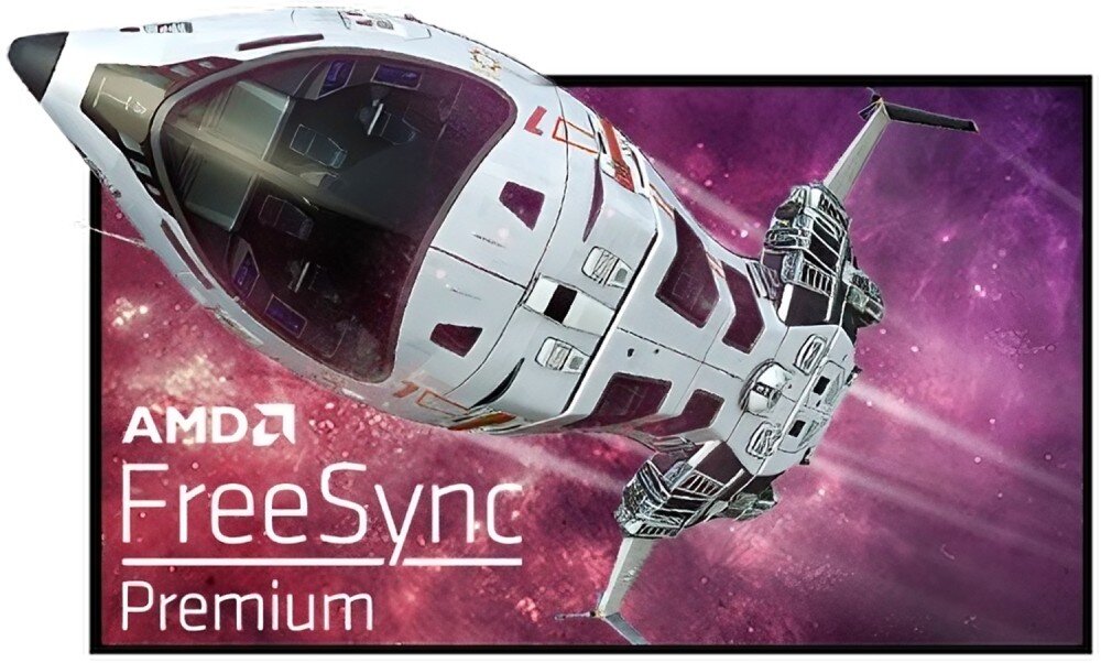 Monitor IIYAMA G-Master GCB3486WQSCP-B1 Ekran przedstawiający grafikę z kosmicznym statkiem na tle przestrzeni kosmicznej, z napisem AMD FreeSync Premium, synchronizacja obrazu, FreeSync, LFC
