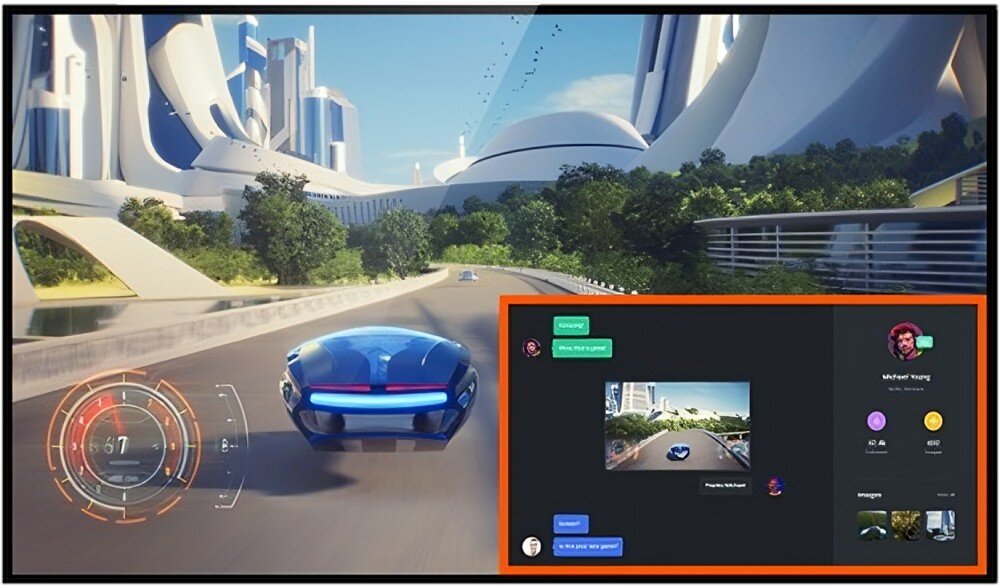 Monitor IIYAMA G-Master GCB3486WQSCP-B1 Monitor wyświetlający wyścigową scenę z futurystycznym samochodem, w rogu ekran podzielony na mniejsze okno z komunikatorami, przełącznik KVM, funkcje, PiP, PbP