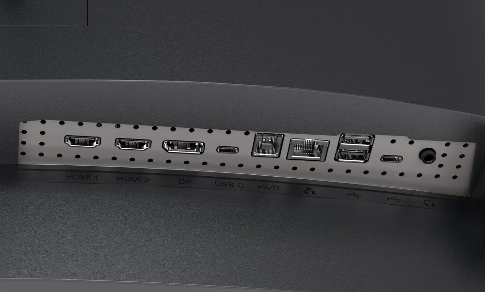 Monitor IIYAMA G-Master GCB3486WQSCP-B1 Zbliżenie na panel złączy monitora, widoczne porty HDMI, DisplayPort, USB-C, LAN, USB-A oraz gniazdo słuchawkowe, porty, podłączenie, regulacja