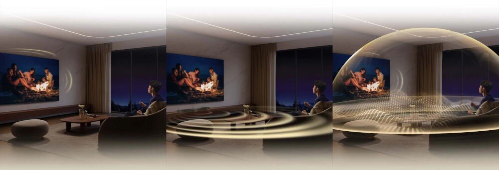 Soundbar TCL Q65H – Tutti Choral, synchronizacja z telewizorem TCL, osoba siedząca na kanapie ogladająca telewizje