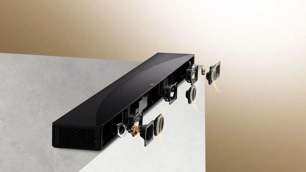 Soundbar TCL Q65H – wyraźne dialogi, centralna jednostka Array, przekrój soundbara, głośniki