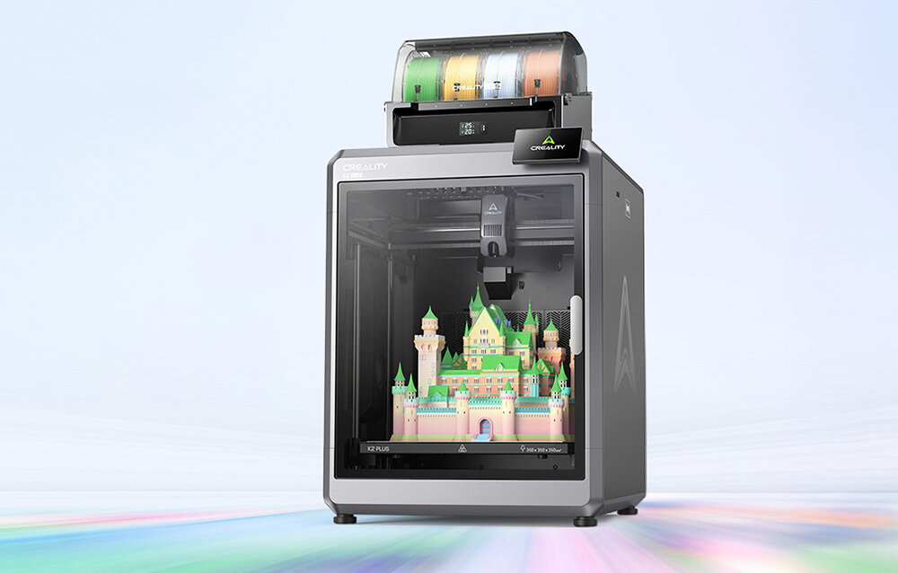 CREALITY K2 Plus Combo kompaktowe urządzenie (350 x 350 x 350 mm) dużych modeli wytrzymałą obudową, wielokolorowym systemem CFS wydajnym ekstruderem drukiem 3D