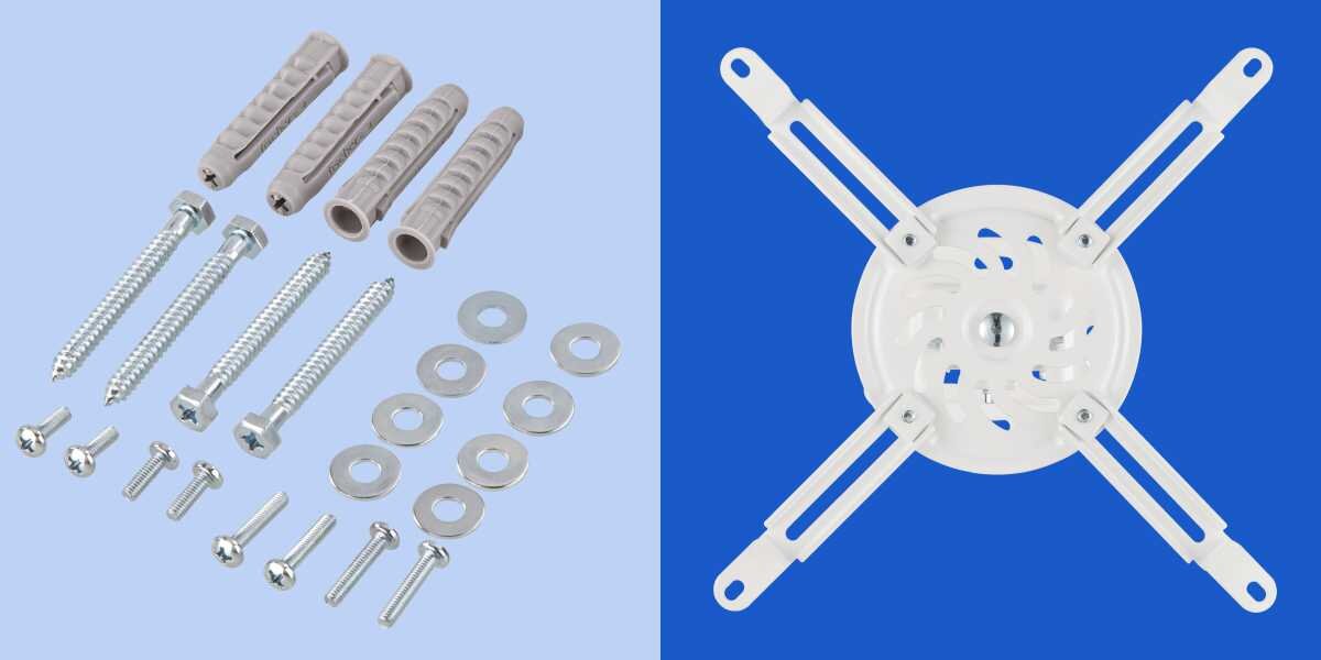 Uchwyt sufitowy HAMA 220879 Maksymalne obciążenie 13.5 kg Akcesoria montażowe do uchwytu projektora: zestaw śrub, kołków rozporowych i podkładek obok widoku dolnej płyty montażowej.