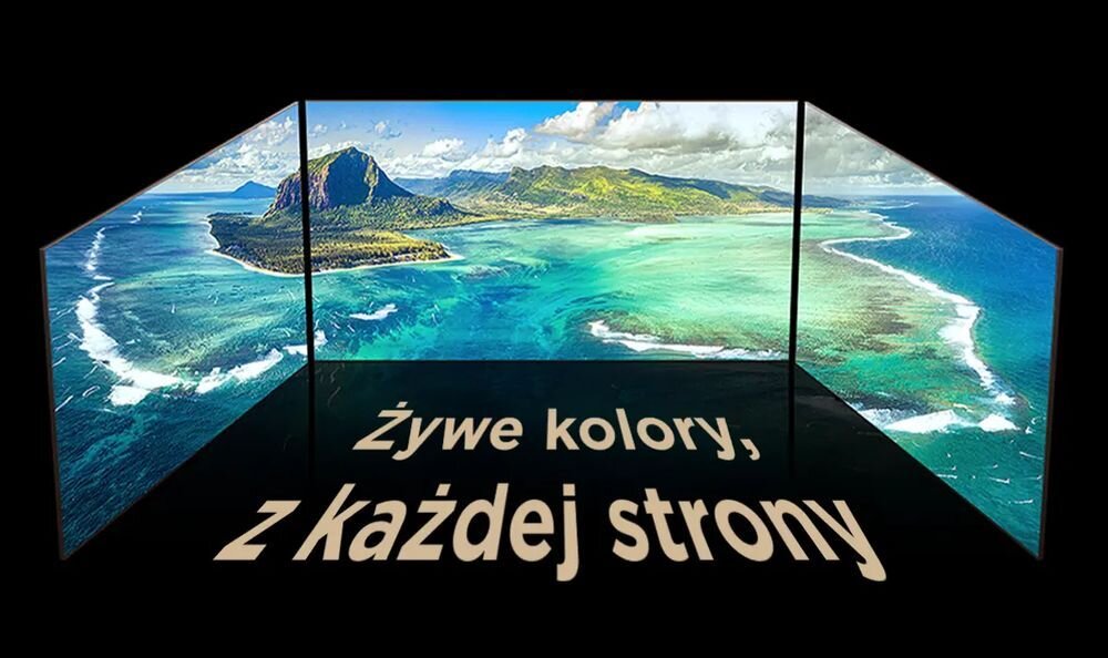Telewizor TCL 85RM7L szerokie kąty widzenia wierne kolory dla wielu osób, trzy ekrany na ciemnym tle