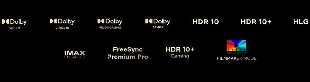 Telewizor TCL 85RM7L Dolby Vision IMAX Enhanced HDR10+ Gaming, loga technologii na czarnym tle