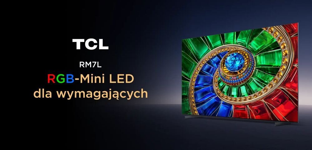 Telewizor TCL 75RM7L kinowy obraz Mini LED szeroki ekran realistyczne kolory, telewizor po skosie na ciemnym tle