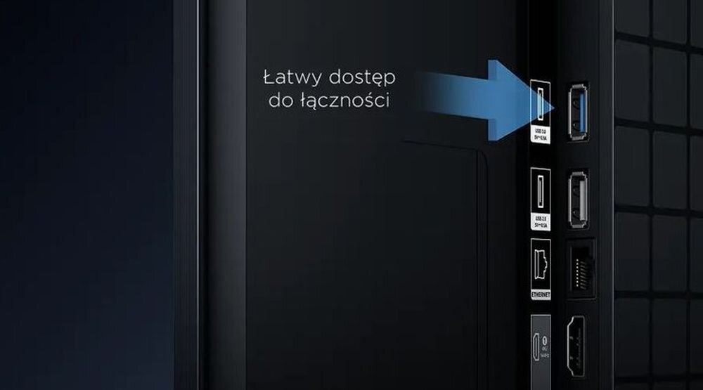 Telewizor TCL 75RM7L smukły design prowadzenie kabli elegancka obudowa, kadr na tył telewizora, złącza