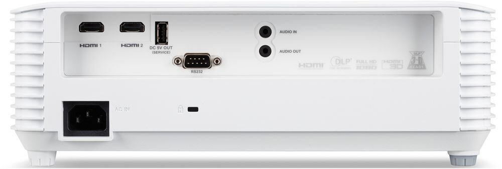 Tył białego projektora z widocznymi portami: dwa HDMI, DC 5V Out, RS232, Audio In, Audio Out oraz gniazdo zasilania AC IN. Na obudowie znajdują się napisy: HDMI, DLP, Full HD 1080p, HDMI 3D.