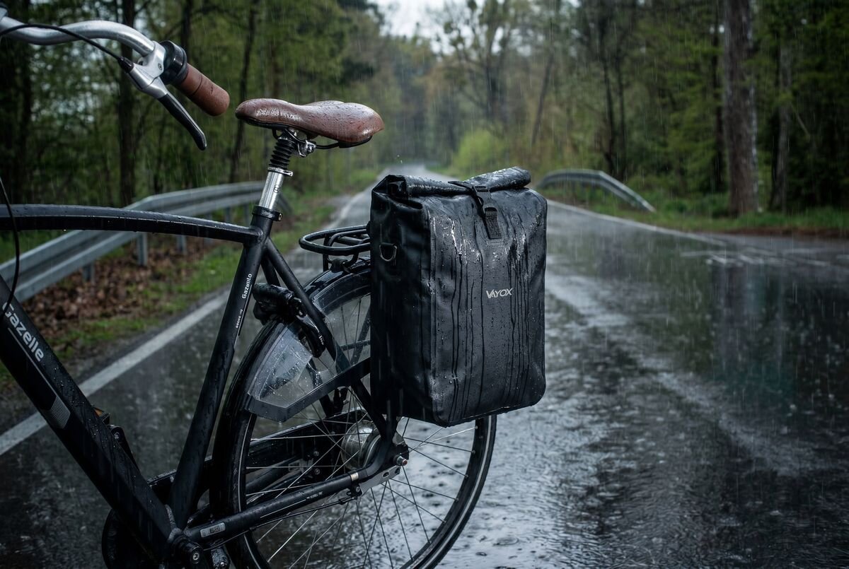 Na zdjęciu widać rower z zamontowaną czarną sakwą rowerową marki VAYOX, stojący na mokrej drodze podczas deszczu. Sakwa jest widocznie mokra, a w tle znajdują się drzewa i barierka ochronna.