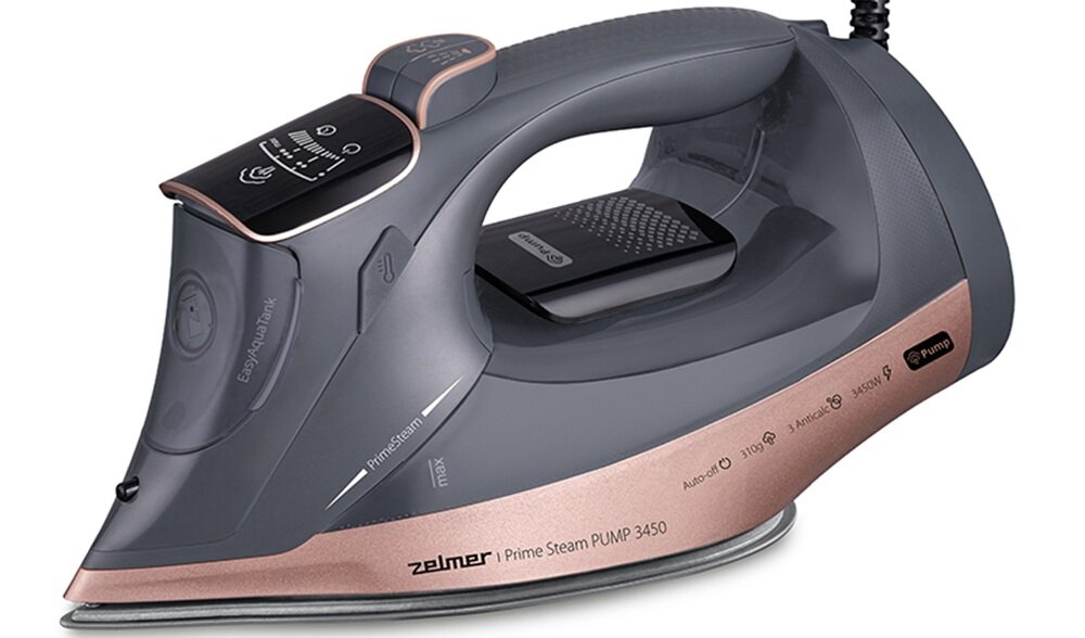 Żelazko ZELMER ZIR4920 Prime Steam Pump żelazko bokiem na białym tle, funckja Anti-drip, ceramiczna powłoka
